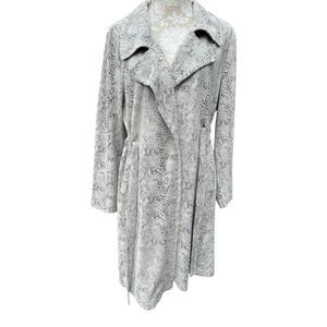 Alice Blue Gray Snakeskin Print Duster Coat Large Tie Waist Trench Style Size L
